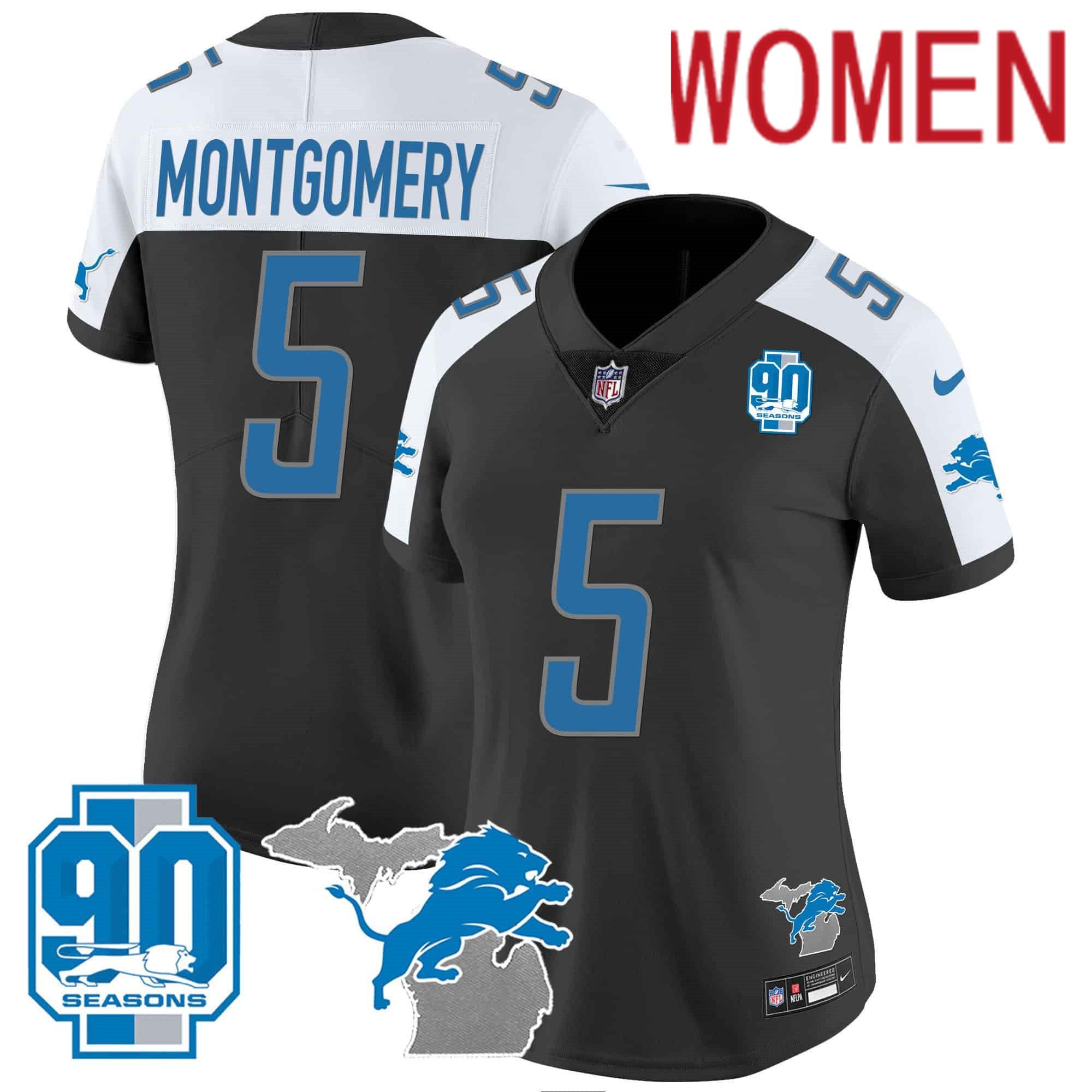 Women Detroit Lions #5 Montgomery Black 2024 Nike 90th Year Michigan Patch Vapor NFL Jersey